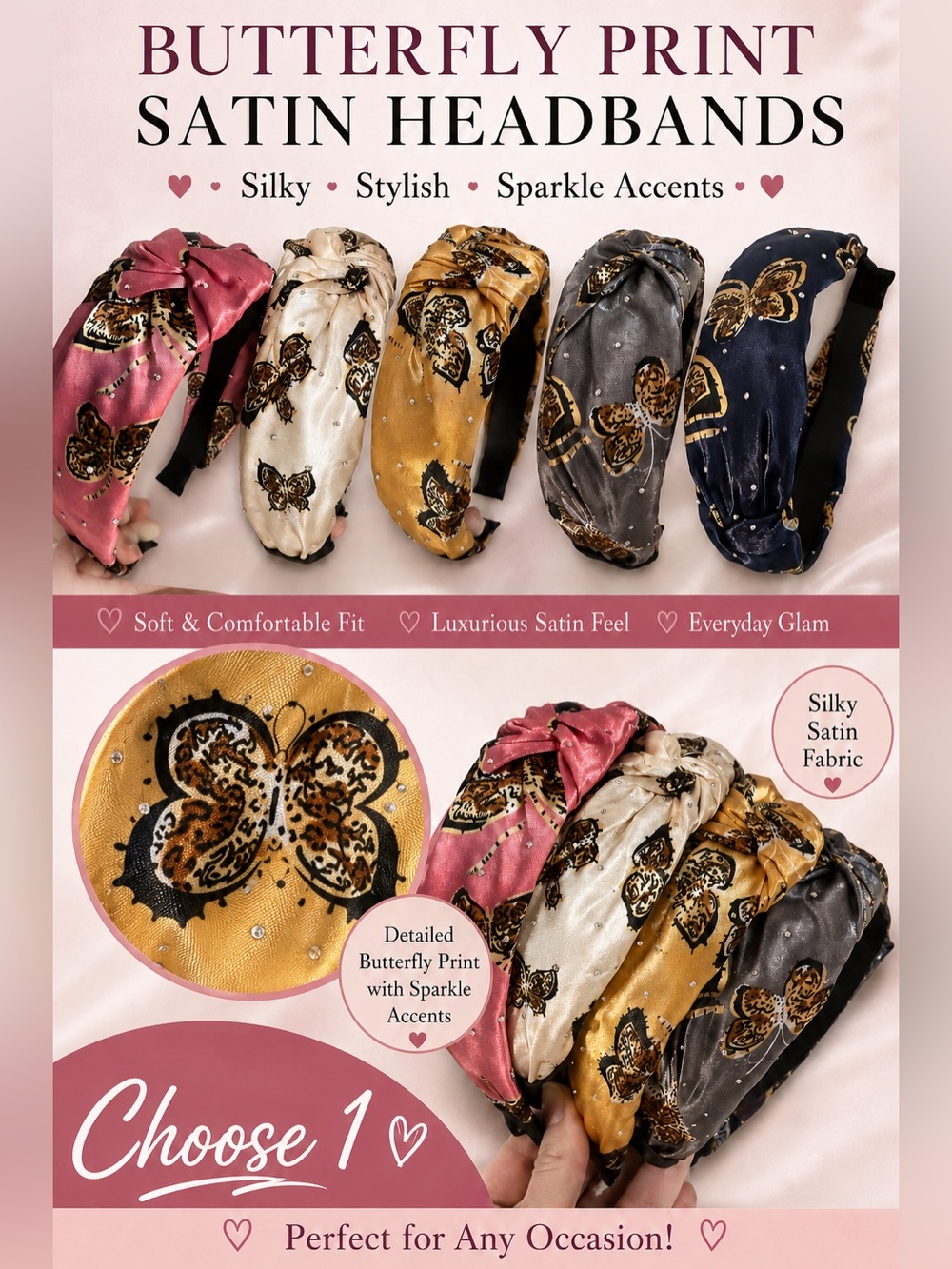 Satin Knot Headband with Butterfly Print & Rhinestones - Choose 1